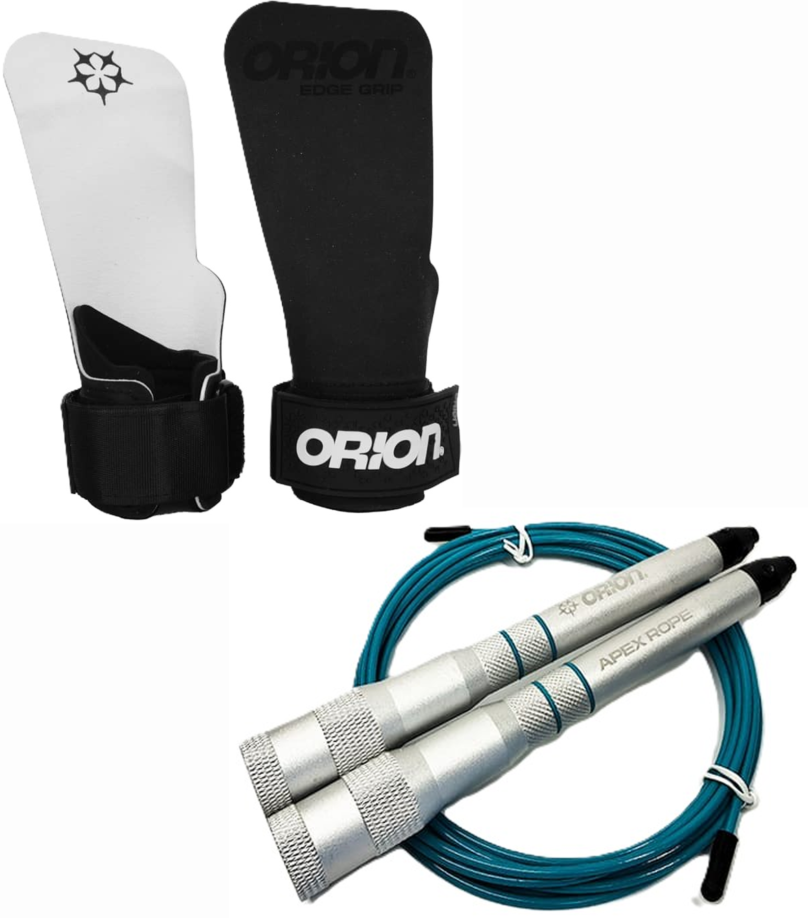 Lot CrossFit ORION Athletics maniques EDGE Grip noire blanche corde à sauter APEX Rope turquoise