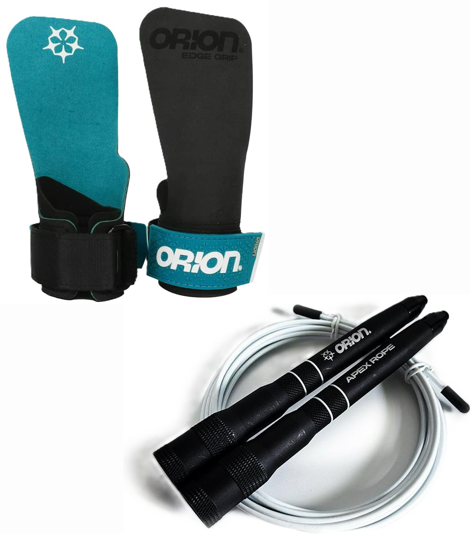 Lot CrossFit ORION Athletics maniques EDGE Grip turquoise corde à sauter APEX Rope noire blanche