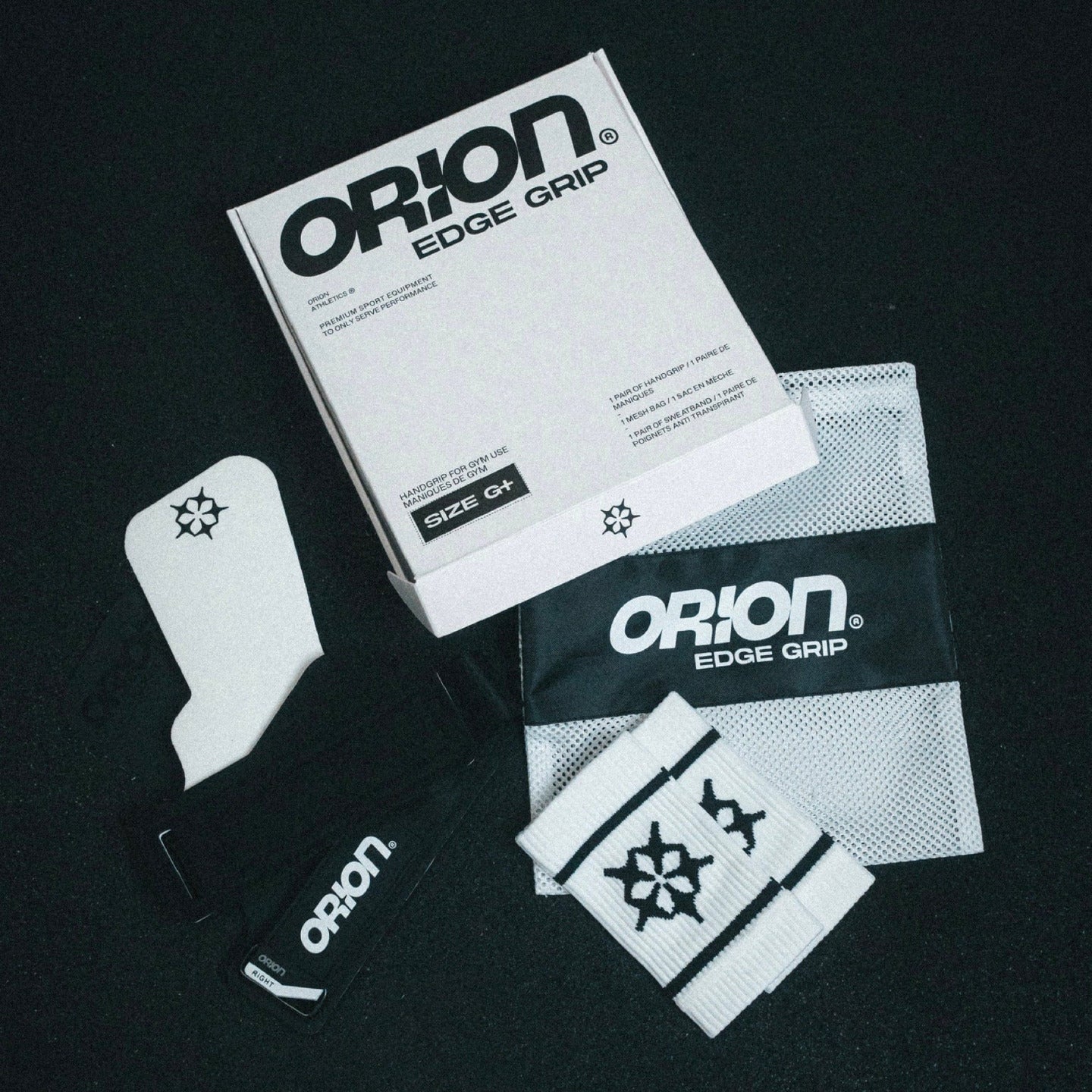 Maniques CrossFit ORION Athletics EDGE Grip noire et blanche pack complet sweatband filet de transport