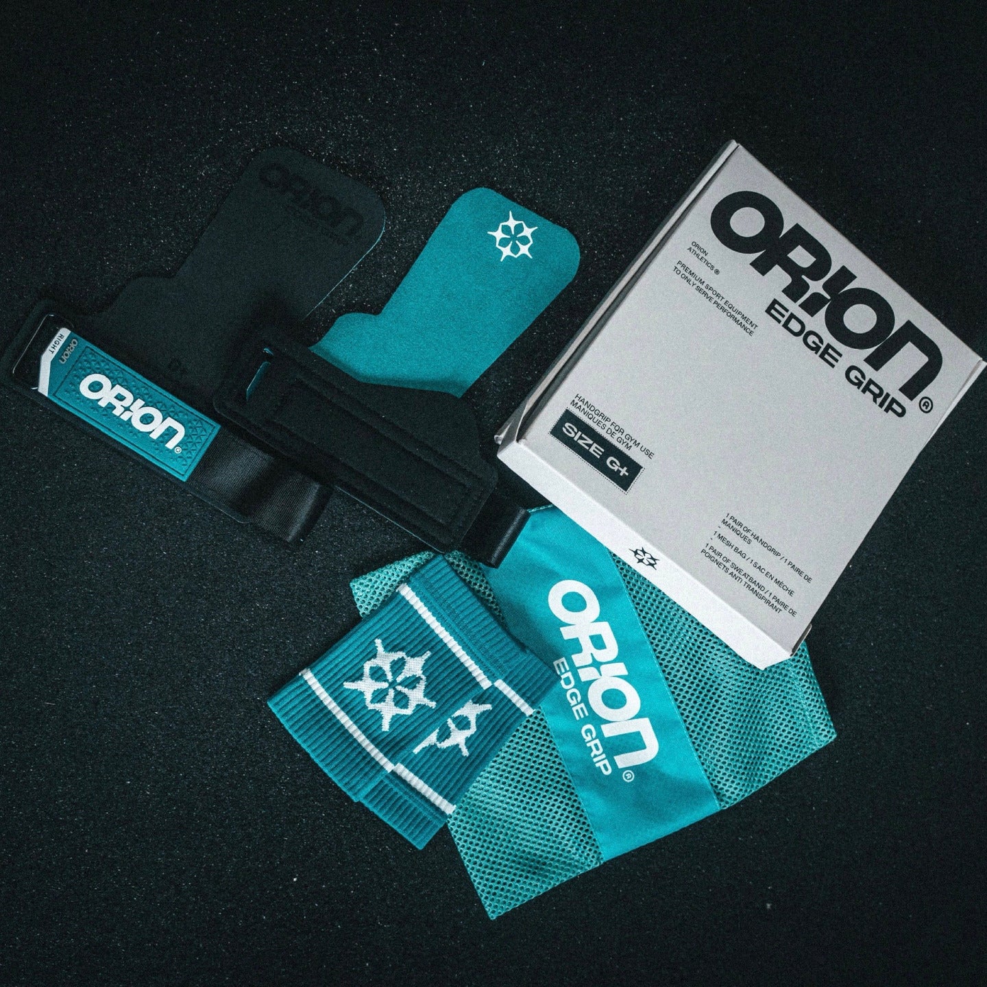 Maniques CrossFit ORION Athletics EDGE Grip turquoise pack complet sweatband filet de transport
